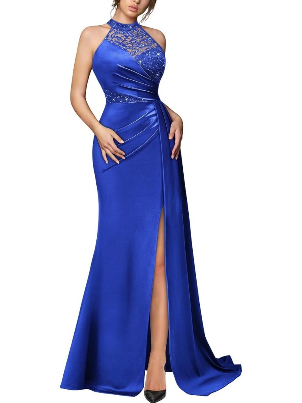Womens Royal Blue Halter Neck Sequin Lace Sleeveless Cocktail Bodycon Maxi Dress